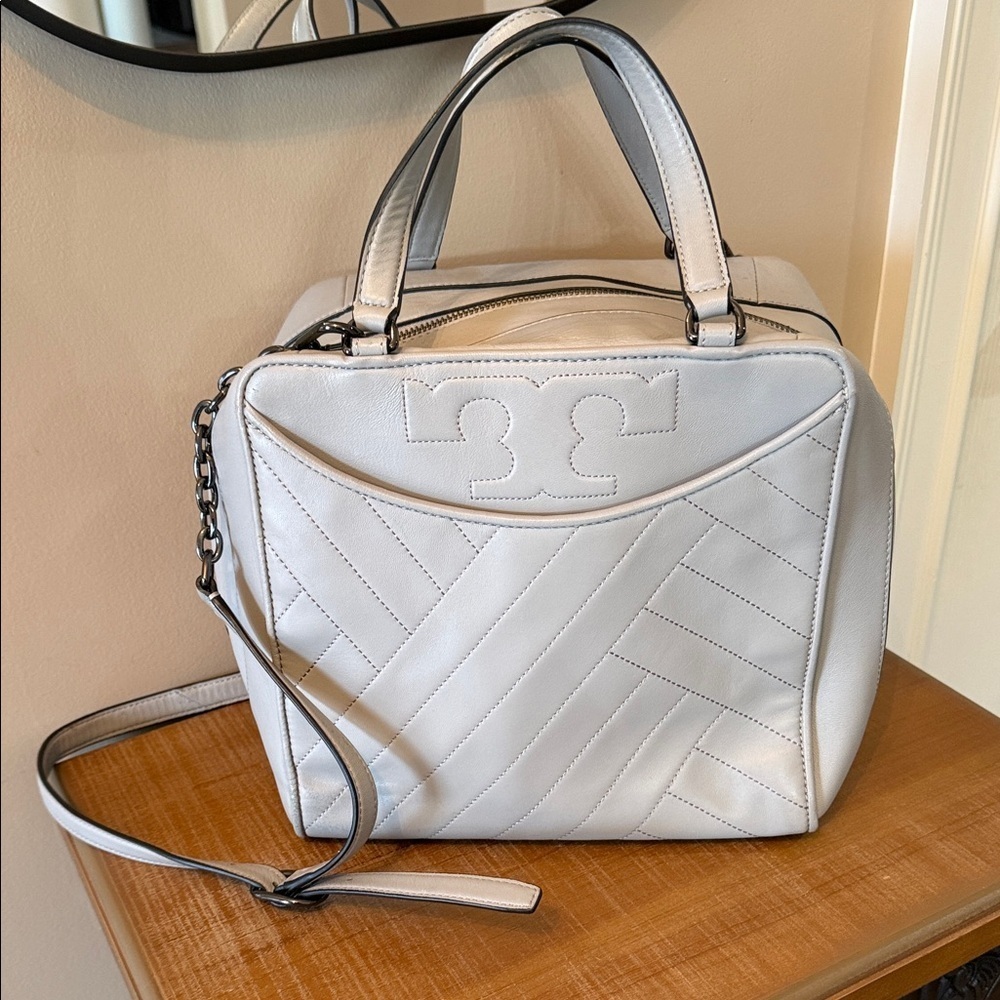 Tory Burch Fleming Satchel Gray Quilted Leather Chain Strap